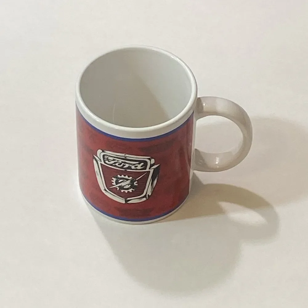 VTG, 60s 70s Ford Motor Company Coffee Mug Lightning Bolt Crest Red